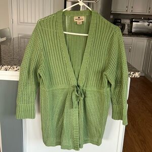 Woolrich open knit cardigan tie front drawstring, front medium, beautiful green